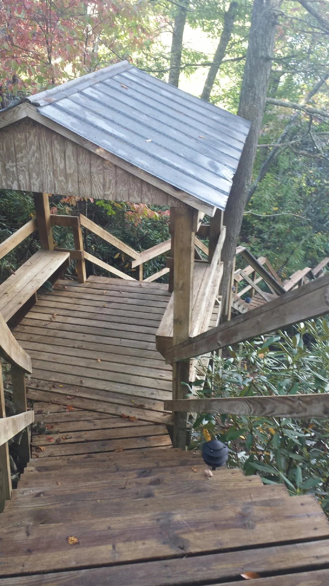 Metal roofed shelter over wooden steps on a wooded walkway — Skylight Repair & Installation work by our crew in Sandia Park